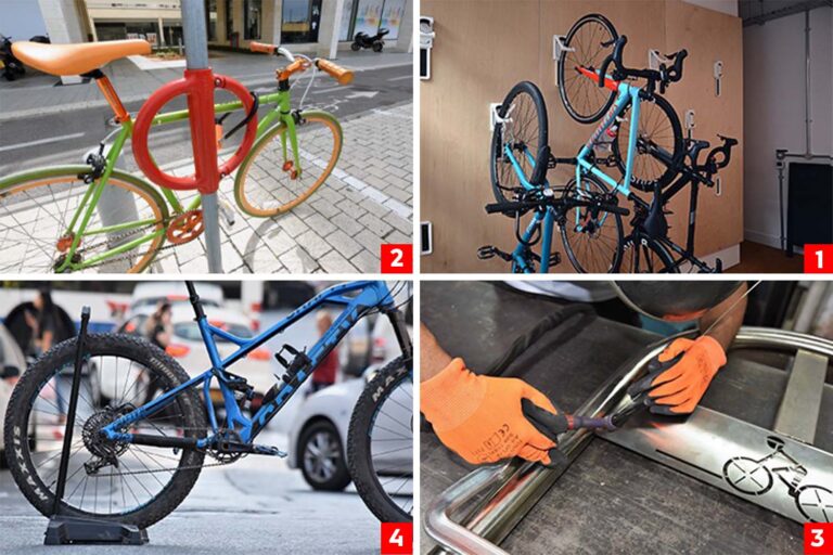 1. מתקן תלייה אלגנטי לגלגל אופניים (Cycloc Endo) 2. מתקן חנייה (Cyclehoop) 3. ריתוך מתקן חנייה בעיצוב אישי 4. מתקן חניית אופניים רצפתי (Lybra) (צילום: חן אופן)