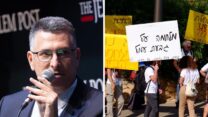 שר המשפטים גדעון סער (משמאל) ומחאת תושבי גבעת עמל (צילום: פלאש 90/ דוד טברסקי)