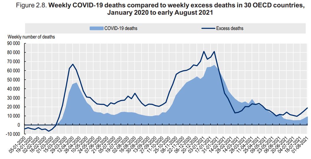 שיעור התמותה העודפת במדינות OECD לפי שבועות, לעומת מספר הנפטרים מקורונה, ב-30 מדינות OECD, ינואר 2020-אוגוסט 2021 (נתונים: דו&quot;ח מבט לבריאות 2020, OECD)
