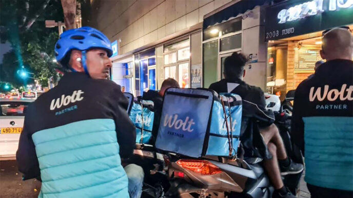 Wolt delivery couriers protesting in Tel Aviv. (Photo: Hadas Yom Tov)