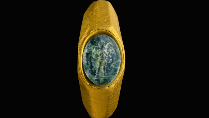 טבעת זהב עם גמה ועליה דמות הרועה הטוב (צילום: דפנה גזית, רשות העתיקות)
