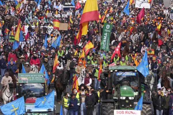 חקלאים צועדים ברחובות מדריד במחאה על יחס הממשלה כלפיהם (צילום: AP Photo/Paul White)