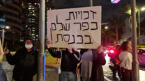 הפגנת פעילים תושבי גבעת עמל וכפר שלם  מול ביתו של השר גדעון סער, במחאה על פינויי תשובים ותיקים (צילום: הדס יום טוב)
