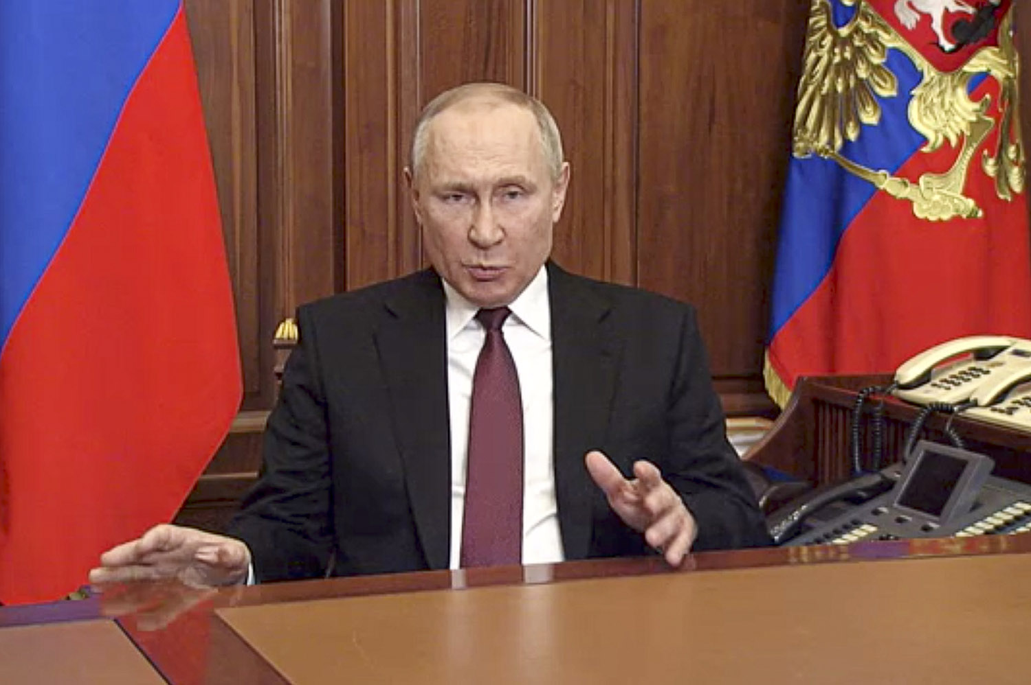 פוטין מכריז על פלישה לאוקראינה (צילום: Russian Presidential Press Service via AP)