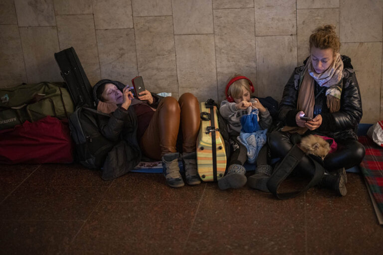 People rest in the Kyiv subway, using it as a bomb shelter in Kyiv, Ukraine, Thursday, Feb. 24, 2022. (Photo: AP Photo/Emilio Morenatti)