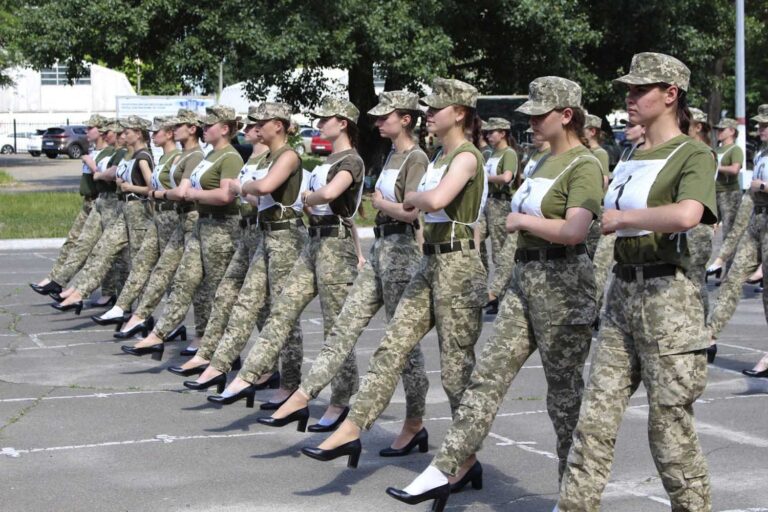 Female military cadets marching in high heels; the scene caused a public uproar. (Photo: Ukrainian Defense Ministry Press Office via AP)