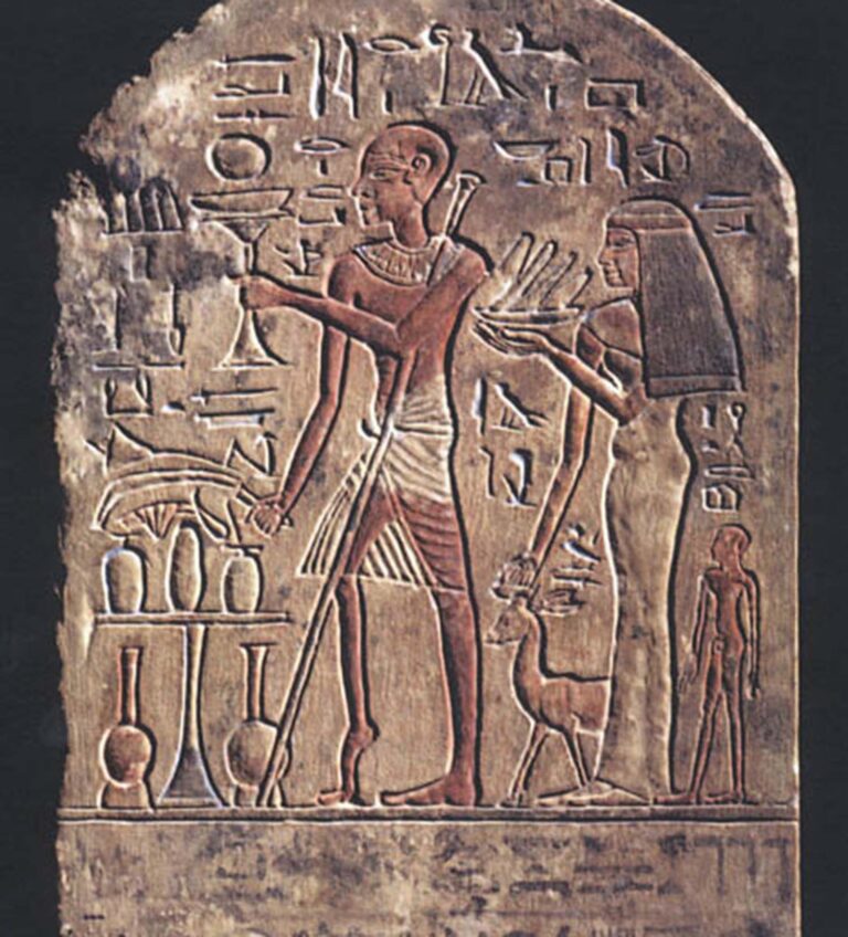 ציור על אבן מתקופת השושלת ה-18 במצרים העתיקה, המתאר ככל הנראה אדם חולה בפוליו, הנשען על מקל (צילום: ויקימדיה)