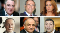 מיליארדי ישראל. שורה עליונה ימין לשמאל: שרי אריסון, סטף וטרהיימר ועידן עופר. שורה תחתונה: טדי שגיא, יצחק תשובה ואייל עופר (צילומים: פלאש90/ ויקימדיה)