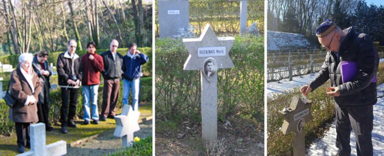 משה פלדמן (מימין) מדליק נר זיכרון על קבר דודו מוריס רוזנצוויג (במרכז), והמשפחה (משמאל). פלדמן:  &quot;חשוב שיידעו &#8211; הסיפור של הטרנספורט ה-20 הוא יחיד בכל אירופה&quot; (צילומים: אלבום פרטי)