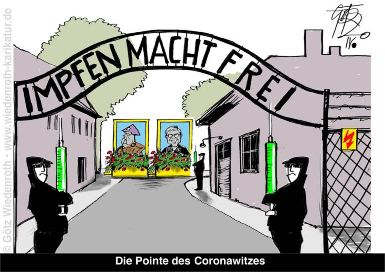 קריקטורה המתארת את שער הכניסה למחנה ההשמדה אושוויץ עם הכותרת 'החיסון משחרר' (מתוך דו&quot;ח מצב האנטישמיות, אוניברסיטת תל אביב)