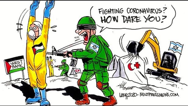 קריקטורה אנטי ישראלית שפורסמה במהלך מבצע שומר החומות (מתוך דו&quot;ח מצב האנטישמיות, אוניברסיטת תל אביב)
