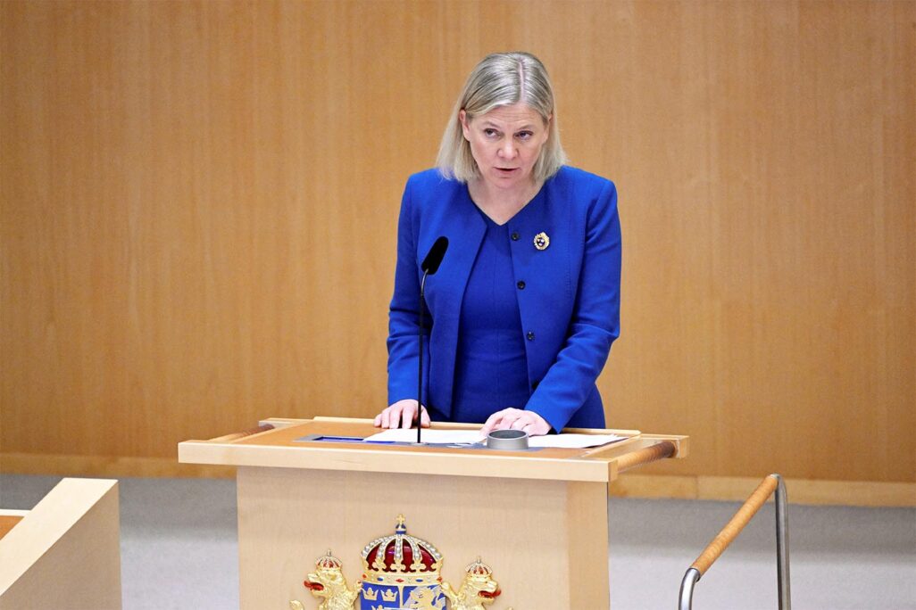 ראש ממשלת שבדיה מגדלנה אנדרסון בדיון בפרלמנט השבדי על הצטרפותה לנאט"ו (צילום: TT News Agency/Henrik Montgomery via REUTERS)