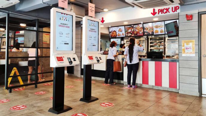 Self-order kiosk machines installed inside of a KFC fast food restaurant. (Photo: kaykhoon / Shutterstock)