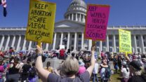 People attend an abortion-rights rally at the Utah State Capitol Saturday, May 14, 2022, in Salt Lake City. Demonstrators are rallying from coast to coast in the face of an anticipated Supreme Court decision that could overturn women's right to an abortion.(AP Photo/Rick Bowmer)