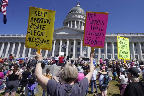 People attend an abortion-rights rally at the Utah State Capitol Saturday, May 14, 2022, in Salt Lake City. Demonstrators are rallying from coast to coast in the face of an anticipated Supreme Court decision that could overturn women's right to an abortion.(AP Photo/Rick Bowmer)