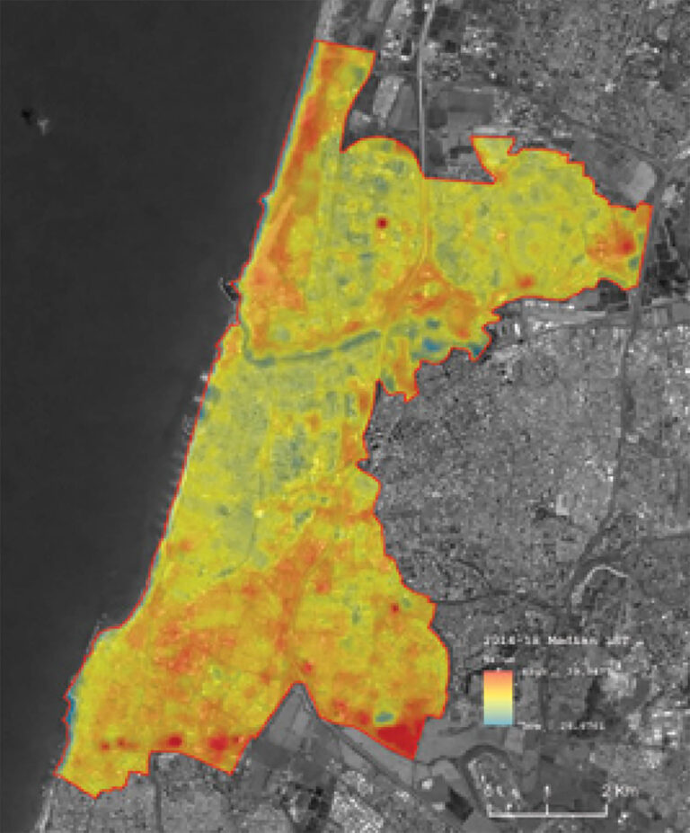 מיפוי תרמי של תל אביב-יפו (מתוך: 'תכנית פעולה &#8211; היערכות עירונית לשינויי אקלים 2020', עירית תל אביב-יפו)