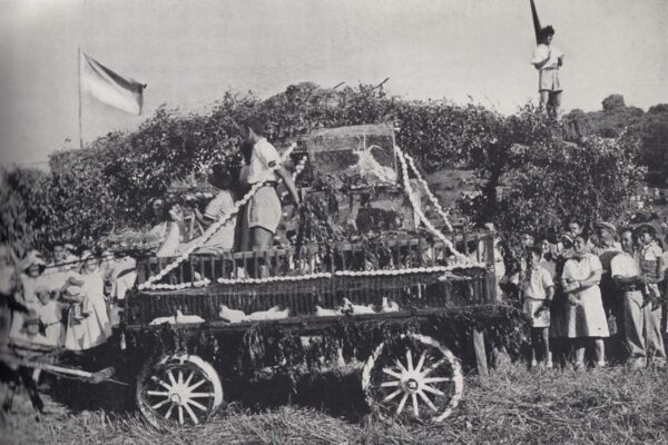 Kibbutz Sha’ar Ha’Amakim, between 1950 and 1952. Agricultural tools are decorated and become part of the white procession (Photo: Israeli Internet Association from PikiWiki)