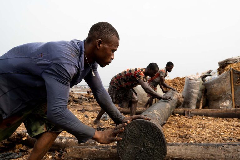 עובדים גוררים את בולי העץ שהובאו ללאגוס למנסרות (צילום: REUTERS/Nyancho NwaNri)
