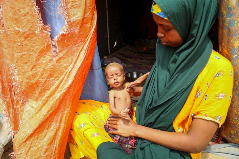 אמינה שוטו, 21, ובנה בן החודשיים. הארבה והתייבשות מקווי המים החמירו את המשבר ההומניטרי (צילום: AP Photo/Farah Abdi Warsameh)