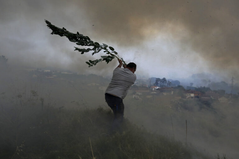 פורטוגל. מתנדב מנסה למנוע מהאש להגיע לבתי מגורים (צילום: AP Photo/Joao Henriques)