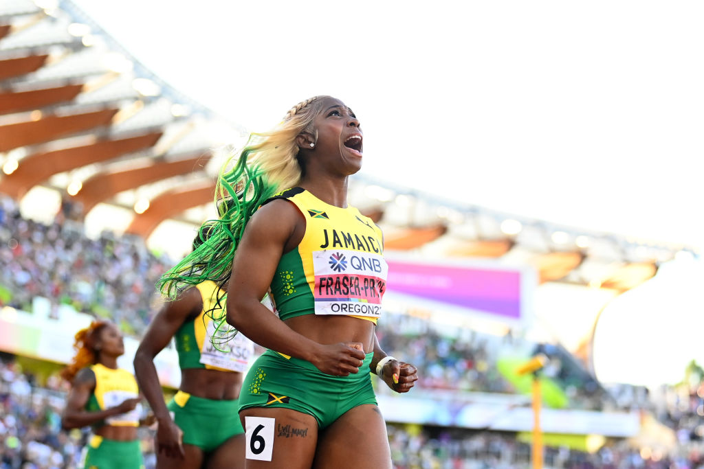 EUGENE, OREGON - JULY 17: Shelly-Ann Fraser-Pryce of Team Jamaica celebrates after winning gold the Women's 100m Final on day three of the World Athletics Championships Oregon22 at Hayward Field on July 17, 2022 in Eugene, Oregon. (Photo by Hannah Peters/Getty Images for World Athletics)