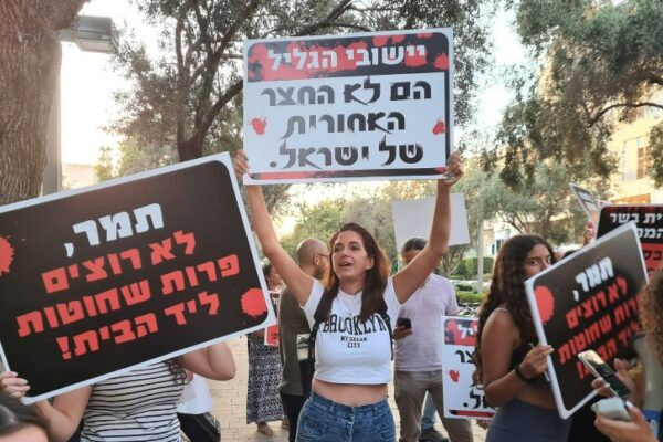 תושבי הגליל מפגינים מול ביתה של השרה להגנת הסביבה תמר זנדברג בתל אביב (צילום: אביטל גזית)