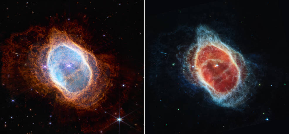 שתי תמונות של סופו של כוכב בתדרים שונים של אינפרא אדום. תמונות ראשונות מטלקסופ ג&quot;ימס ווב (צילום: נאס&quot;א)