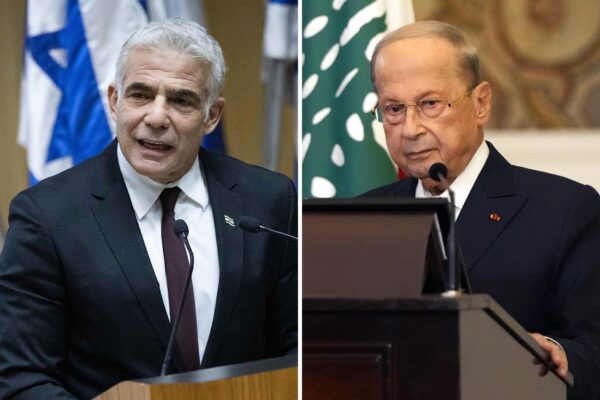 נשיא לבנון מישל עאון וראש ממשלת ישראל יאיר לפיד (צילומים: AP Photo/Hassan Ammar | יונתן זינדל/פלאש90)
