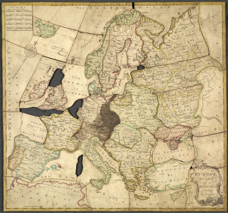 &quot;המפה הגזורה&quot;. הפאזל הראשון נוצר בסוף המאה ה-18 ככלי חינוכי (צילום: ויקיפדיה)