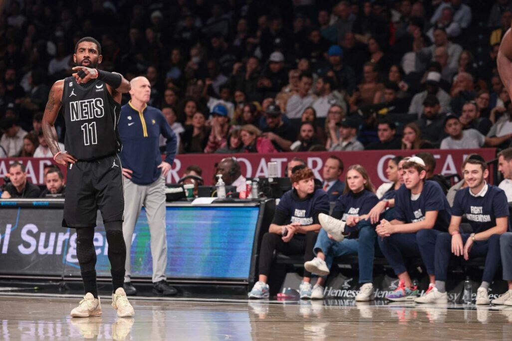 Brooklyn Nets guard Kyrie Irving (11) reacts during the first half against the Indiana Pacers at Barclays Center. Photo: Vincent Carchietta-USA TODAY Sports