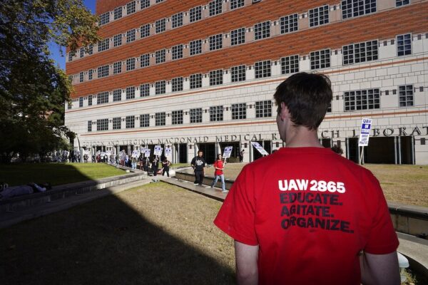 הפגנת סטודנטים באוניברסיטת קליפורניה בארה״ב בעד עבודה מאורגנת (צילום: AP Photo/Damian Dovarganes)
