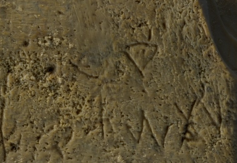 &quot;האותיות נחקקו בצורה רדודה מאוד, ולא ניתן היה להבחין בהן&quot; תצלום על האותיות הכנעניות בצד ימין (צילום: דפנה גזית, רשות העתיקות)