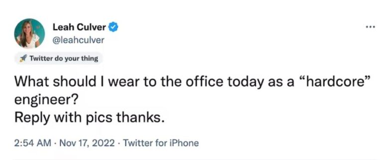 הודעת מחאה של עובדת טוויטר בעקבות דרישת מאסק: &quot;איך אני צריכה להתלבש היום למשרד כמהנדסת 'קשוחה'? תגובות עם תמונות, תודה&quot; (צילום מסך)