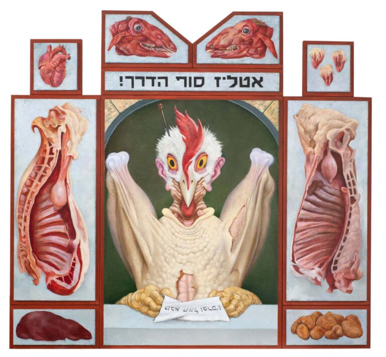 "אטליז סוף הדרך!", שמן על עץ, רוחב 161 ס"מ, גובה משתנה 191-140 ס"מ, 2022-2020 (צילום: שי בן אפרים)