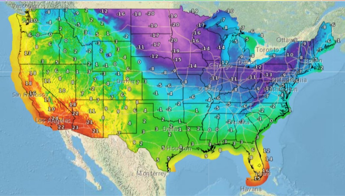 הטמפרטורות המקסימליות בארצות הברית ב-24 בדצמבר 22 (מקור: צילום מסך, שירות החיזוי האמריקני)