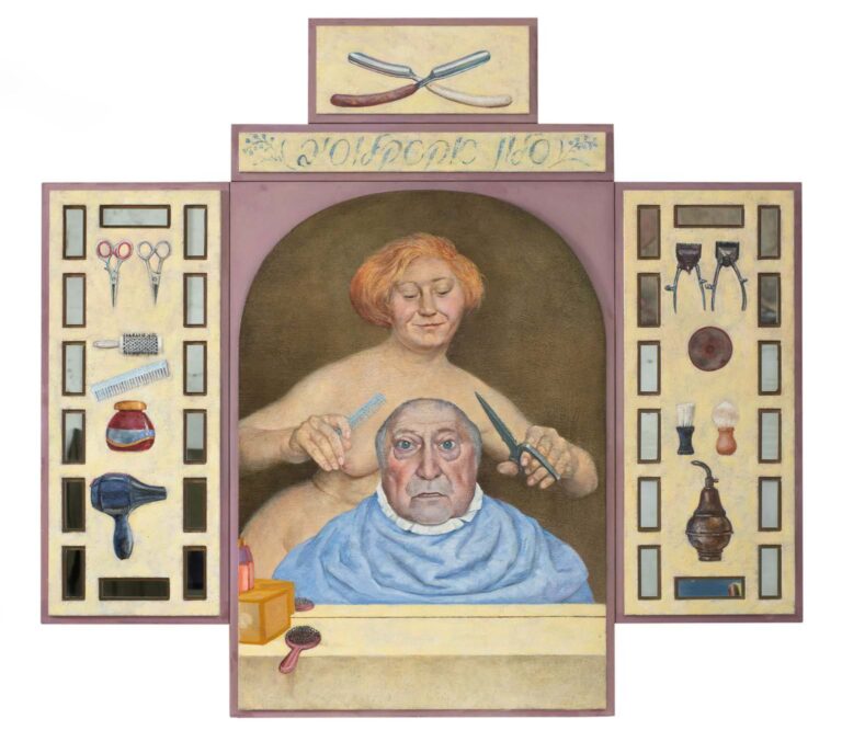 "סלון אקסקלוסיב", שמן על עץ, רוחב 161 ס"מ, גובה משתנה 191-140 ס"מ, 2022-2020 (צילום: שי בן אפרים)