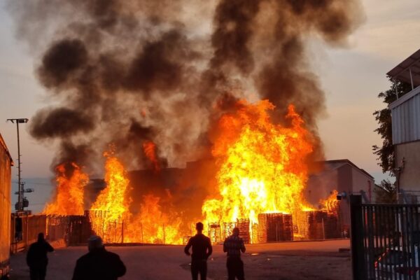 שריפה במפעל לייצור משטחים בבית שאן (צילום: לביב טריף/כב"א צפון)