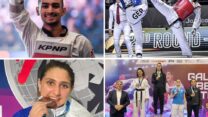 משמאל למעלה, עם כיוון השעון: אסף יסעור זוכה במדליית הזהב בגרנד פרי מנצ'סטר, דנה אזרן באליפות העולם בה זכתה במדליית הכנסף, אבישג סמברג זוכה בזהב, ליפז חוואג'ה זוכה בארד לקדטים (צילומים: התאחדות הטקוואנדו בישראל)