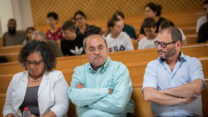 חברי הכנסת עופר כסיף (מימין), אחמד טיבי ועאידה תומא סלימאן בדיון בבית המשפט העליון על פסילת מעומדים מהרשימה המשותפת, ספטמבר 2019 (צילום ארכיון: יונתן זינדל / פלאש 90)