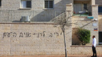 כתובת גרפיטי בגנות שר המשפטים יריב לוין (צילום: יונתן שאול, פלאש900)