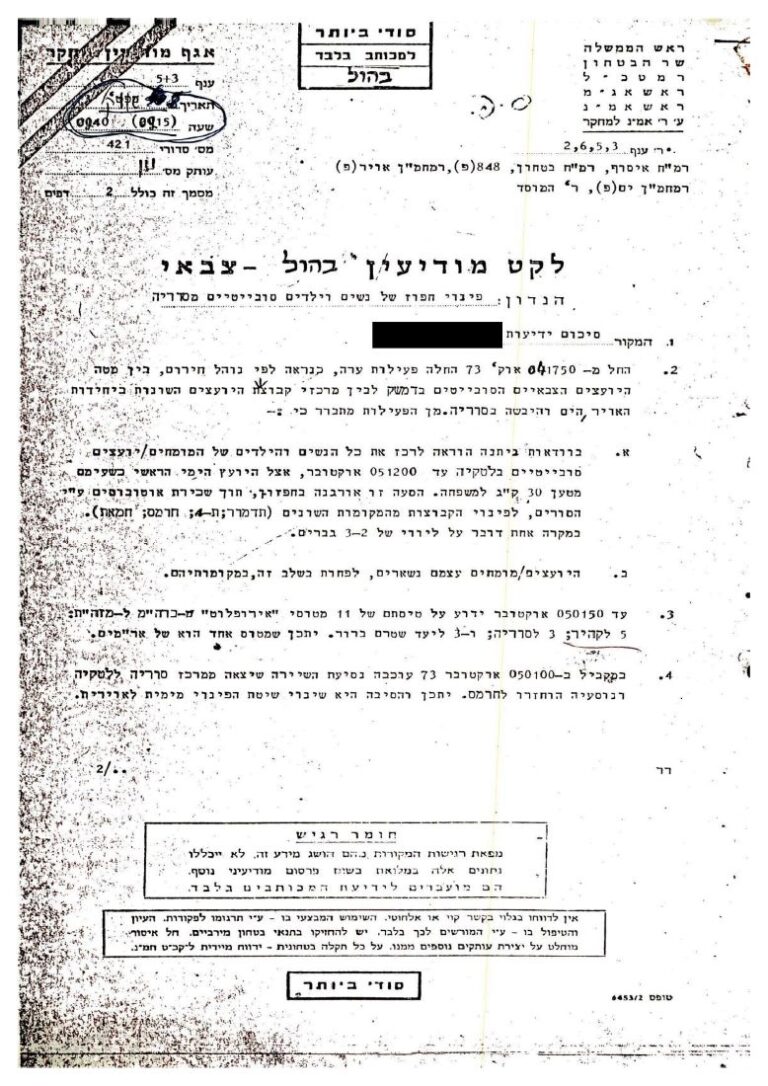 לקט מודיעין בהול: פינוי חפוז של נשים וילדים סובייטיים מסוריה. נשלח יום לפני פרוץ המלחמה (מתוך: ארכיון צה&quot;ל ומערכת הביטחון)