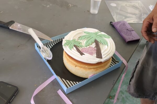 עוגה ששלחו תושבי קיבוץ קלי&quot;ה השכן לעידוד צוות מטע התמרים באלמוג (צילום: &quot;המרלו&quot;ג מצ'רנוביל&quot;)