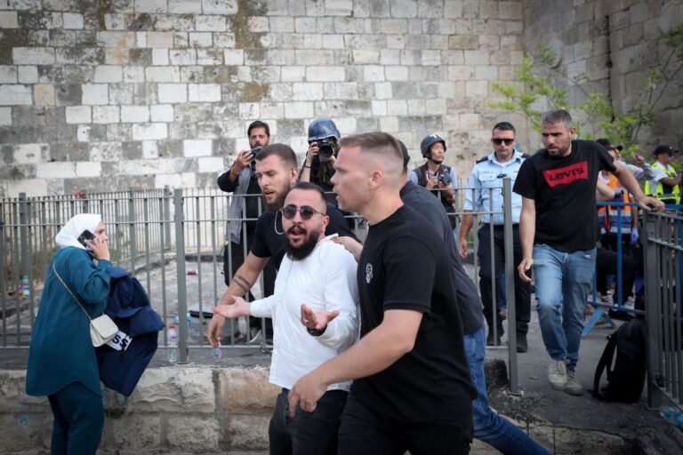 אדם הורחק ממצעד הדגלים בירושלים על ידי המשטרה, לאחר שעיתונאי זר הותקף על ידי צועדים בתהלוכה (צילום: ג'מאל עוואד/פלאש90)
