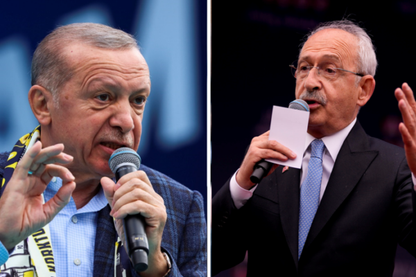 נשיא טורקיה ארדואן וכמאל קיליצ'דראולו, מועמד האופוזיציה המוביל בטורקיה שעשוי להחליפו  (צילום: AP Photo/Ali Unal, AP Photo/Francisco Seco)