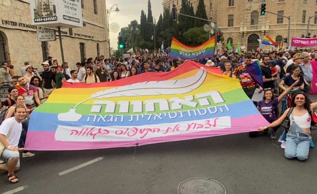 פעילי האחווה הסטודנטיאלית הגאה במצעד הגאווה בירושלים (צילום: האחווה הסטודנטיאלית הגאה)