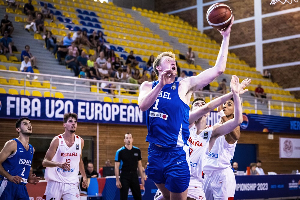 דני וולף במדי נבחרת העתודה של ישראל בכדורסל מול ספרד, באליפות אירופה 2023 (צילום: Fiba.com)