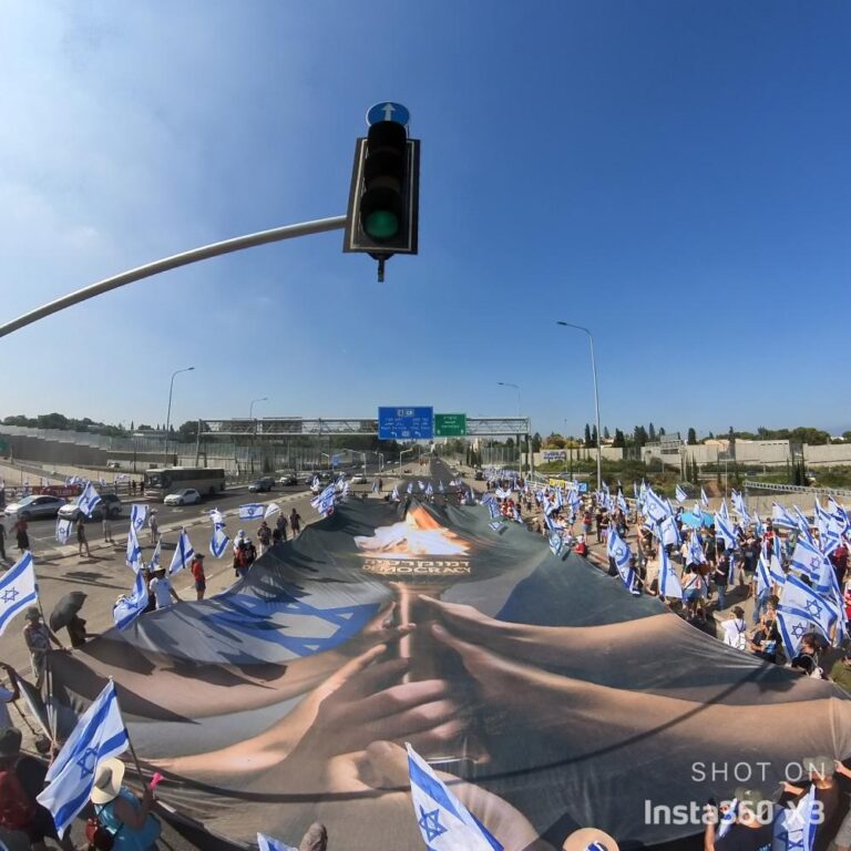 מפגינים פרסו דגל בכביש 531 מחלף רעננה-הרצליה (צילום: רעיה ברקן)