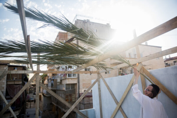 אדם בונה סוכה בשכונת מאה שערים בירושלים (צילום: יונתן זינדלפלאש90)