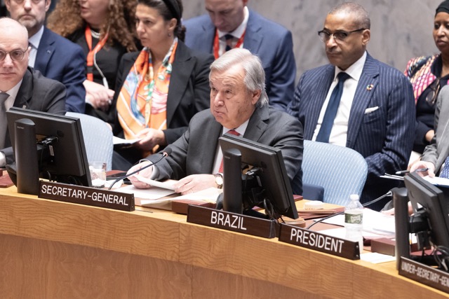 מזכ״ל האו״ם אנטוניו גוטרש בדיון מועצת הביטחון על המלחמה בעזה (צילום: Lev Radin/Sipa USA)
