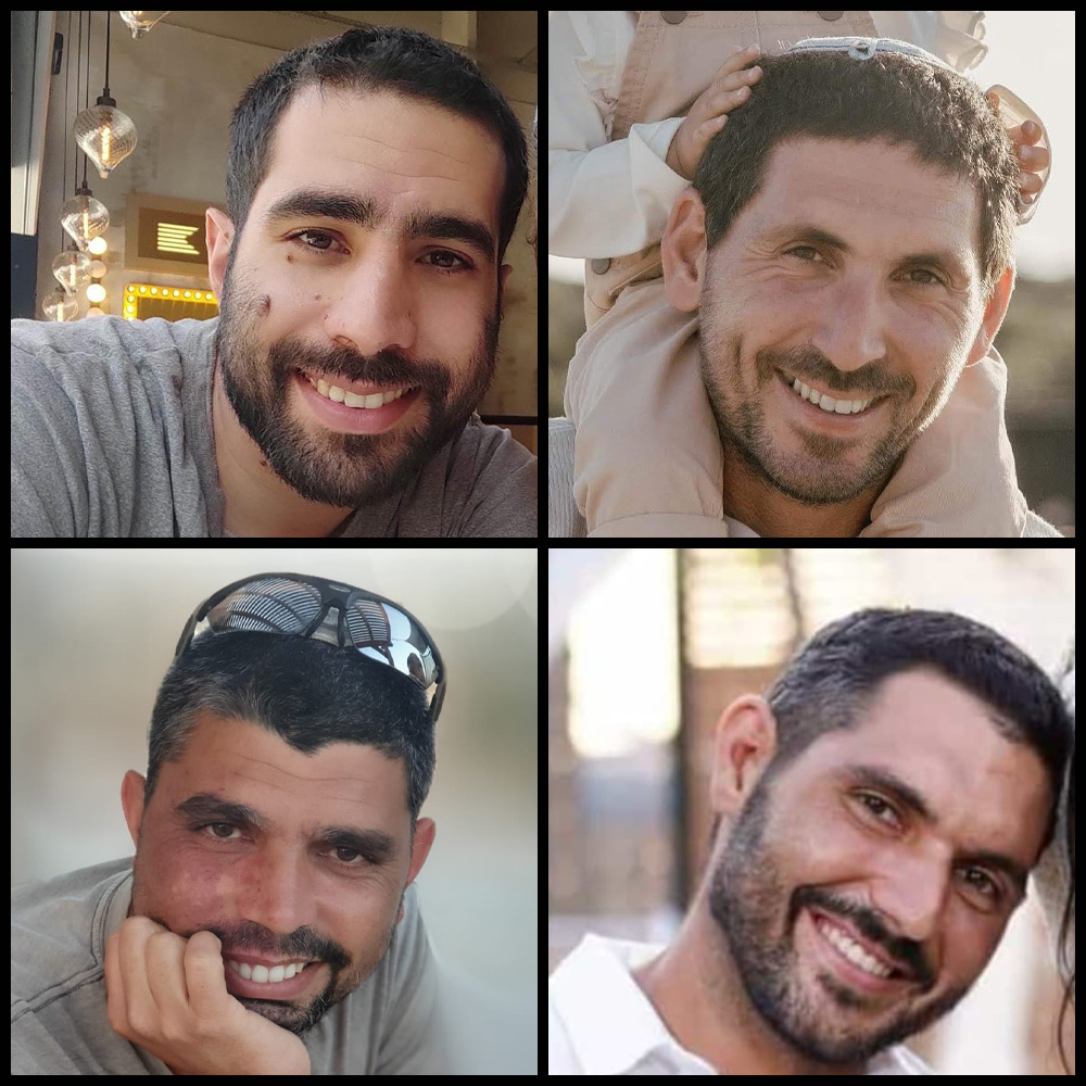 חברי כיתת הכוננות של שלומית שנפלו בקרב בפרי גן, מימין למעלה ובכיוון השעון: ראובן שישפורטיש, בכור סוויד, אביעד כהן ואוריאל ביבי (צילומים: אלבומים פרטיים)